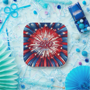 America’s 250th Birthday 1776-2026 RWB Fireworks Paper Plate