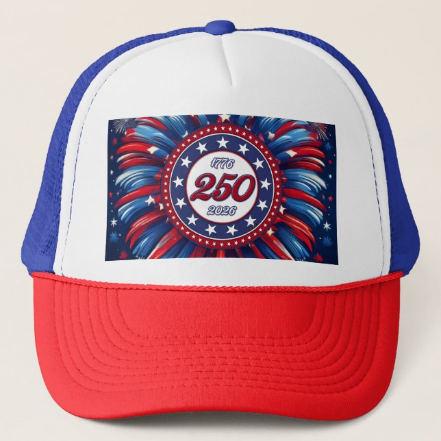 America’s 250th Birthday 1776-2026 RWB Fireworks Trucker Hat (Front)