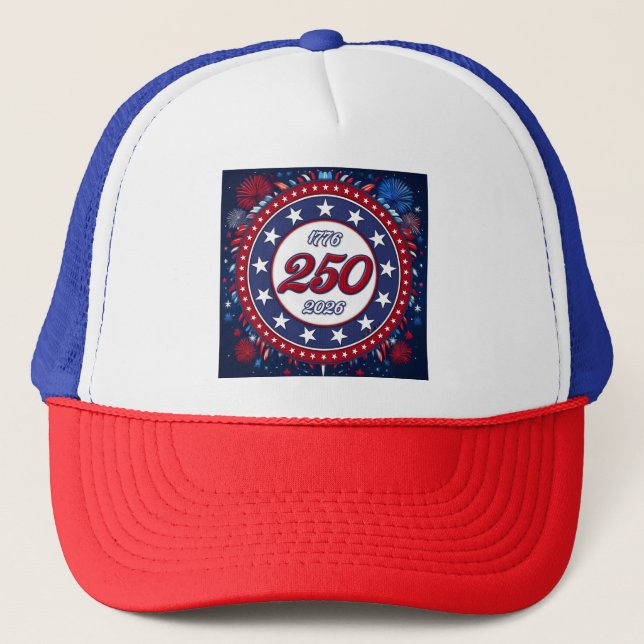 America’s 250th Birthday 1776-2026 RWB Fireworks Trucker Hat (Front)