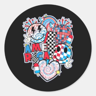 America Smile Face Heart American Flag Women Men 4 Classic Round Sticker