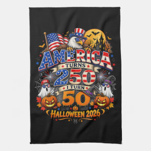 America Turns 250 I Turn 50 Funny Halloween 2026 Tea Towel