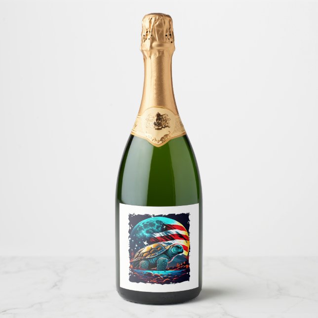 America turtle under Moon with American Flag    Sparkling Wine Label (Front)