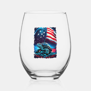 America turtle under Moon with American Flag Stemless Wine Glass