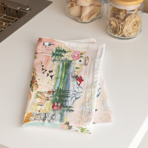 America Watercolor Illustrated USA Map Tea Towel