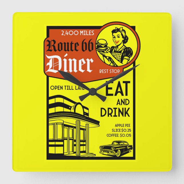 American 1950's Diner Square Wall Clock (Front)