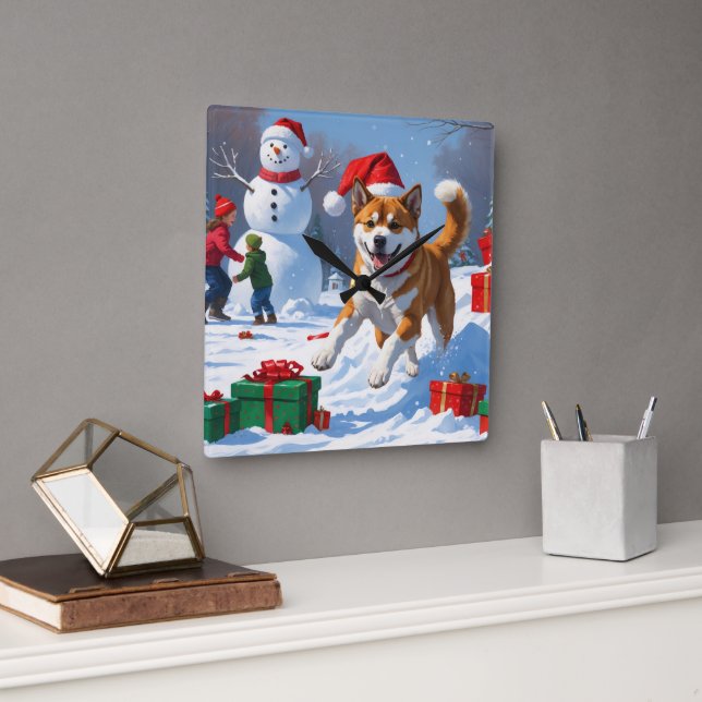 American Akita Christmas Festive Snow Scene Square Wall Clock (Office)