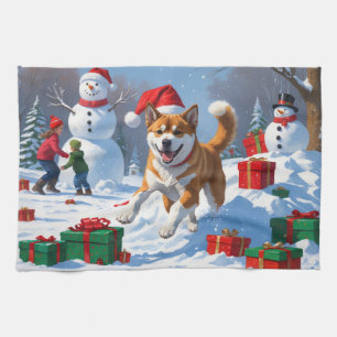 American Akita Christmas Festive Snow Scene Tea Towel