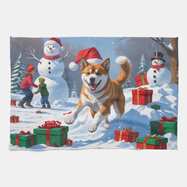 American Akita Christmas Festive Snow Scene Tea Towel (Horizontal)