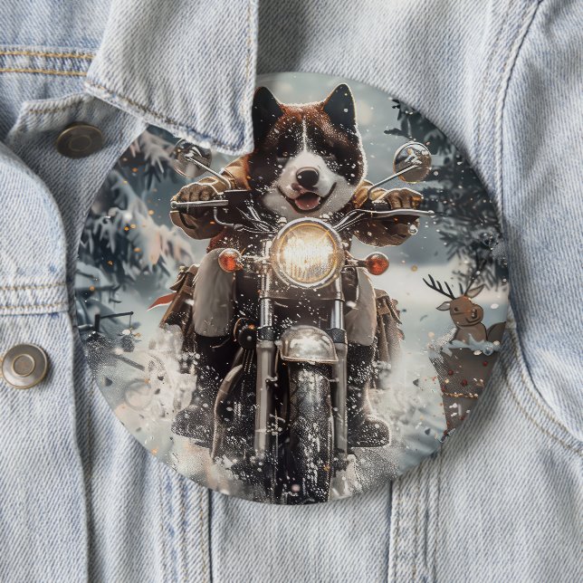 American Akita Dog Riding Motorcycle Christmas  6 Cm Round Badge (In Situ)