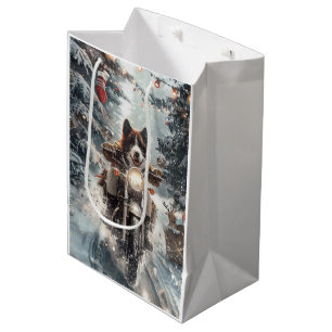 American Akita Dog Riding Motorcycle Christmas Medium Gift Bag