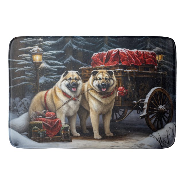 American Akita Snowy Sleigh Ride Christmas Decor Bath Mat (Front)