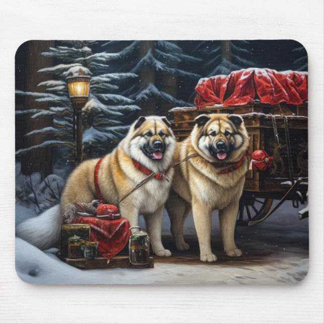 American Akita Snowy Sleigh Ride Christmas Decor Mouse Pad (Front)