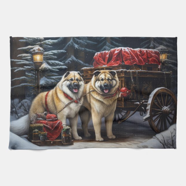 American Akita Snowy Sleigh Ride Christmas Decor Tea Towel (Horizontal)