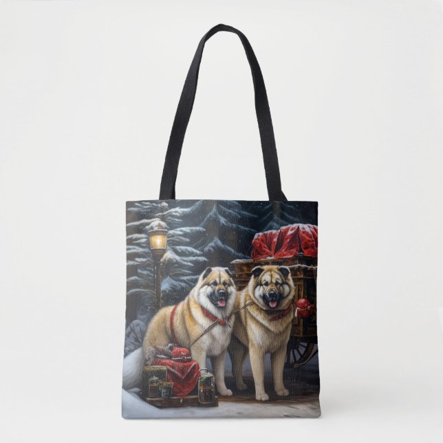 American Akita Snowy Sleigh Ride Christmas Decor Tote Bag (Front)