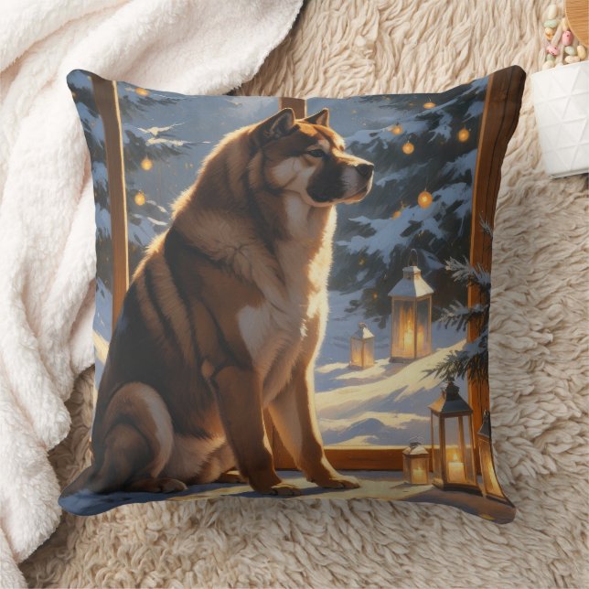 American Akita With Christmas Lights Holiday Cushion (Blanket)
