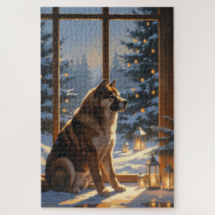 American Akita With Christmas Lights Holiday Jigsaw Puzzle