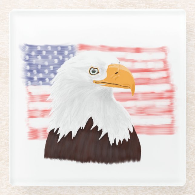 American Bald Eagle and Flag - transparent.  Glass Coaster (Front)