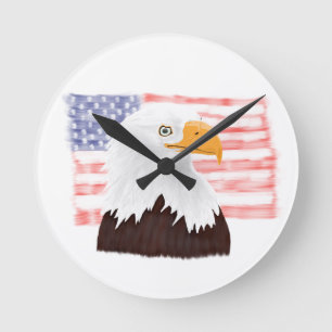 American Bald Eagle and Flag - transparent white. Round Clock