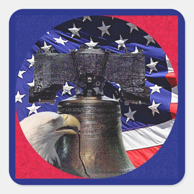American Bald Eagle, Bell and Flag Square Sticker (Front)