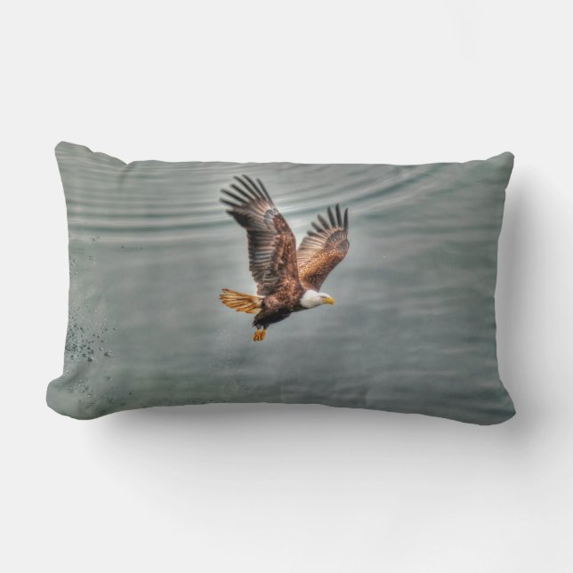 American Bald Eagle Flying Over Ocean Lumbar Cushion (Front)
