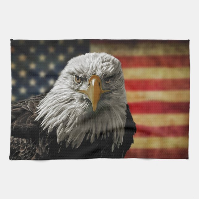 American Bald Eagle on Grunge Flag Tea Towel (Horizontal)