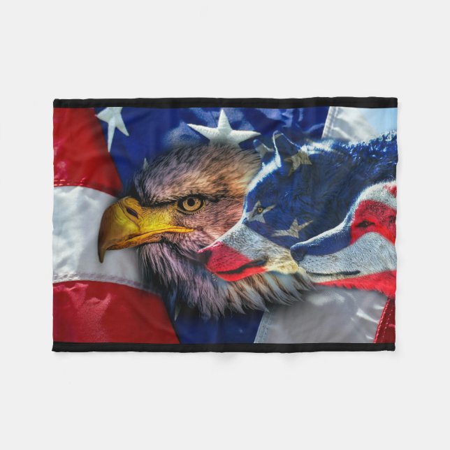 American Bald Eagle Wolf Flag Patriotic Fleece Blanket (Front (Horizontal))