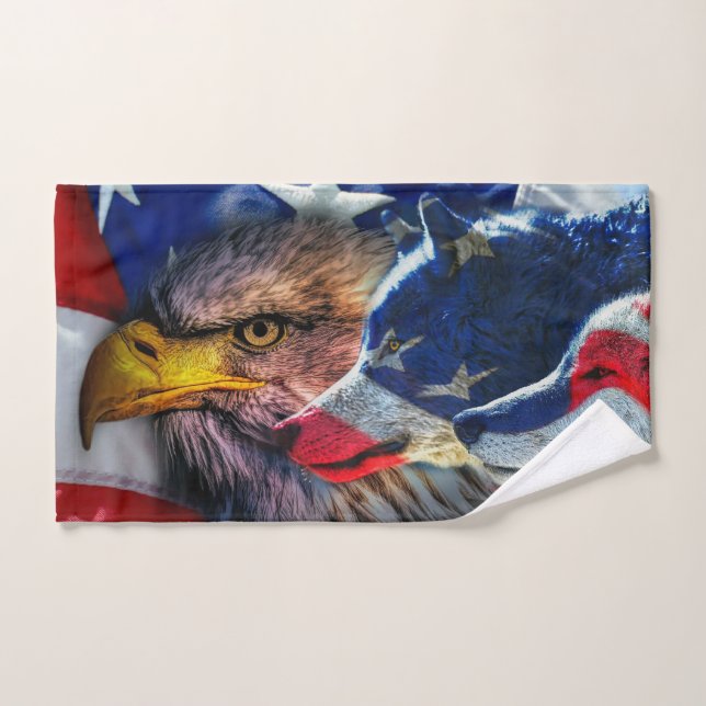 American Bald Eagle Wolf Flag Patriotic Hand Towel (Hand Towel)