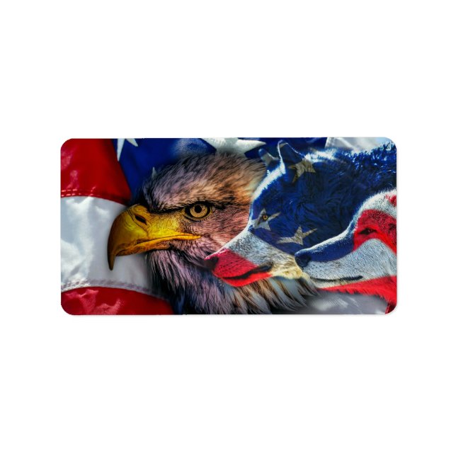 American Bald Eagle Wolf Flag Patriotic Label (Front)