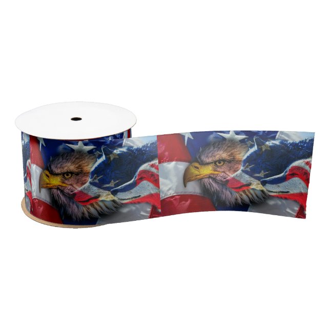 American Bald Eagle Wolf Flag Patriotic Satin Ribbon (Spool)