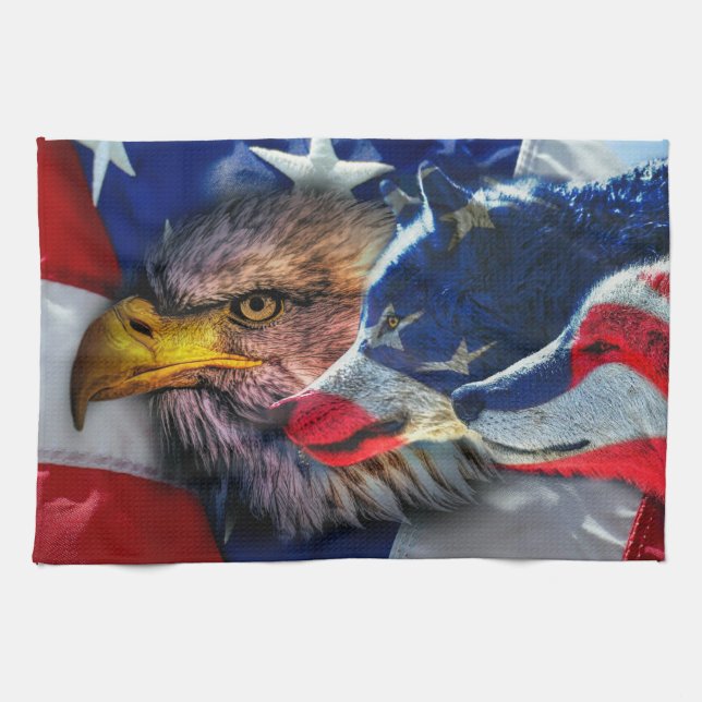 American Bald Eagle Wolf Flag Patriotic Tea Towel (Horizontal)
