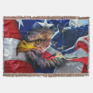 American Bald Eagle Wolf Flag Patriotic Throw Blanket