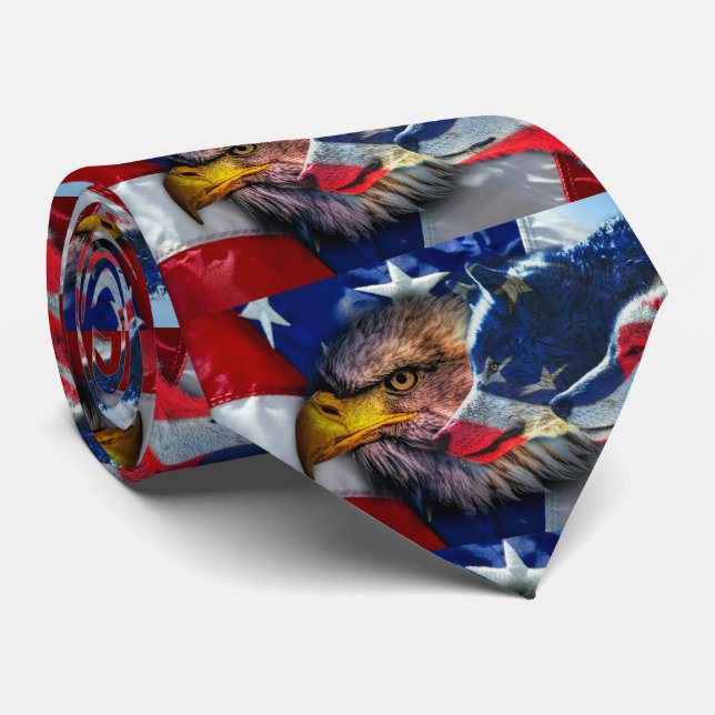American Bald Eagle Wolf Flag Patriotic Tie (Rolled)