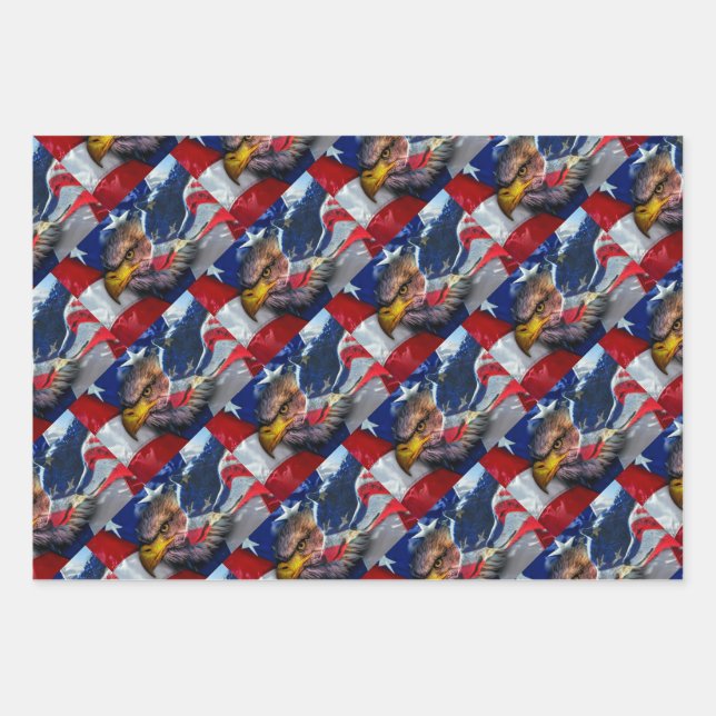 American Bald Eagle Wolf Flag Patriotic Wrapping Paper Sheet (Front)