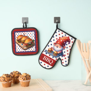 American BBQ Gnome Oven Mitt & Pot Holder Set