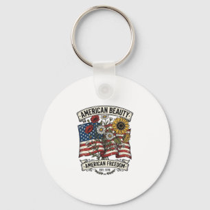 American Beauty Floral Flag Patriotic Key Ring