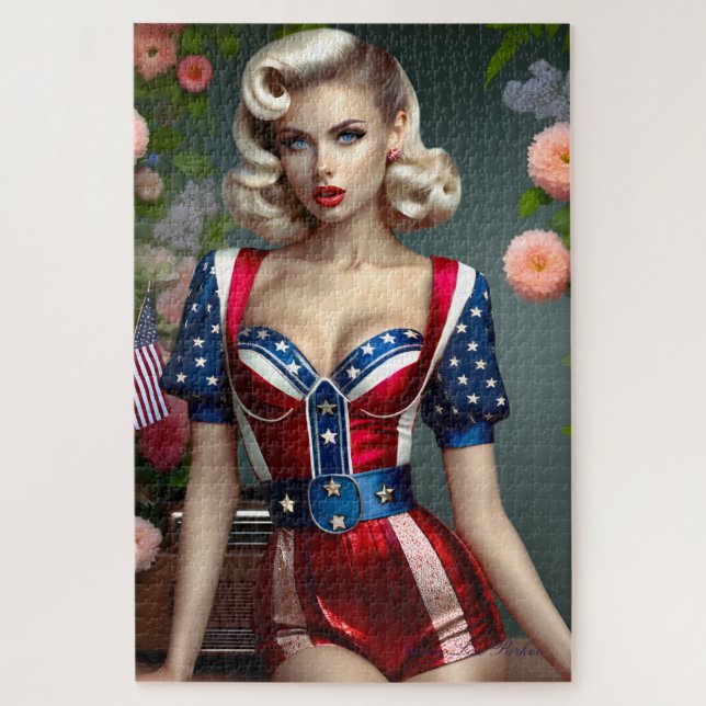 American Beauty Patriotic Blonde Pin-up Girl Jigsaw Puzzle (Vertical)