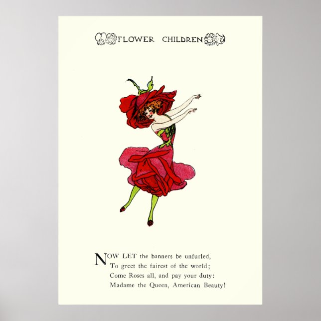 American Beauty Rose, Whimsical Flowers Book Art Poster (Front)