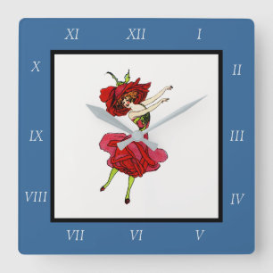 American Beauty Rose, Whimsical Flowers Book Art Square Wall Clock