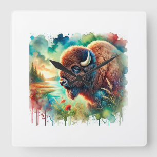 American Bison 130724AREF110 - Watercolor Square Wall Clock