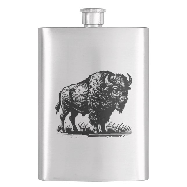 American Bison Buffalo On Stainless Steel Flask (Front)
