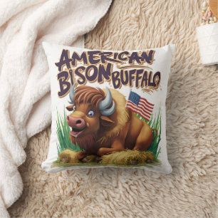 American Bison Buffalo With American Flag Cushion