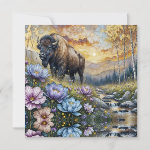American Bison in floral mountain valley Holiday Card