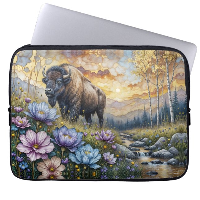 American Bison in floral mountain valley Laptop Sleeve (Front)