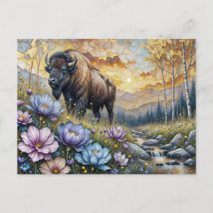 American Bison in floral mountain valley Postcard