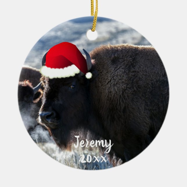 American Bison in Santa Hat  Ceramic Tree Decoration (Front)
