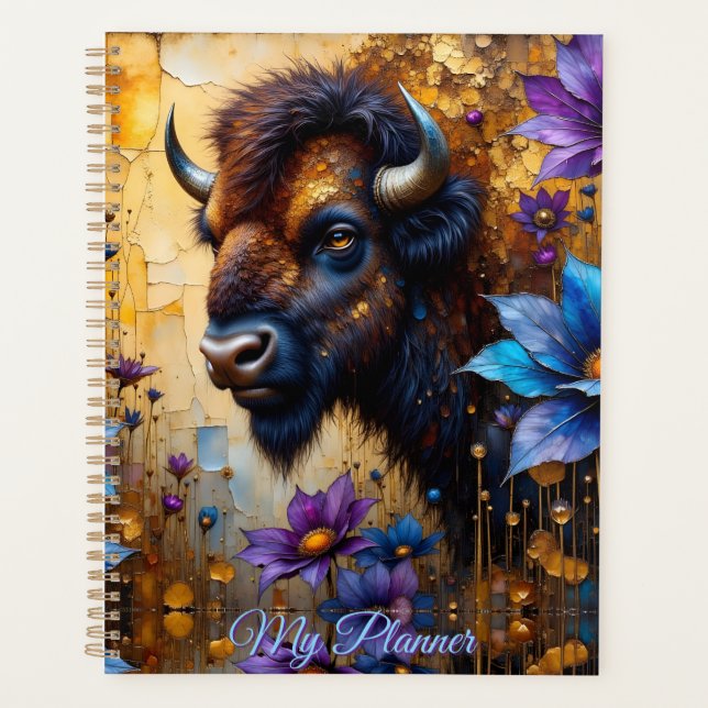 American Bison in textured Flower *Personalise* Planner (Front)