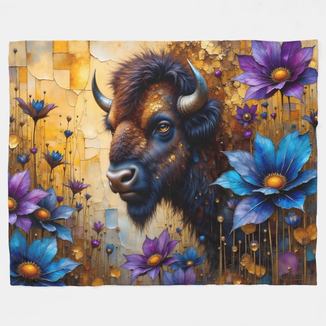 American Bison in textured Flower portrait Fleece Blanket (Front (Horizontal))
