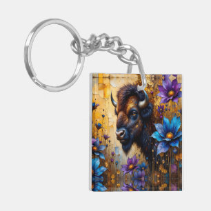 American Bison in textured Flower portrait Key Ring