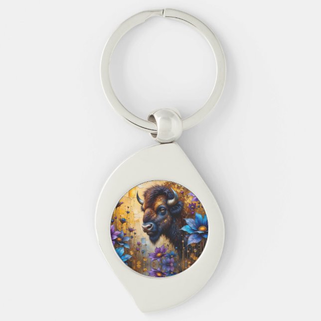 American Bison in textured Flower portrait Key Ring (Front)