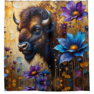 American Bison in textured Flower portrait Shower Curtain
